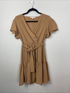 Tie-Waist Tiered Mini Dress in Camel